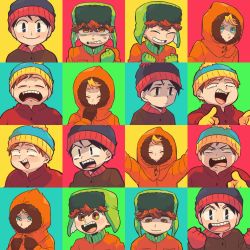 Rule 34 | 4boys, anger vein, angry, beanie, black hair, blonde hair, blue eyes, brown hair, clenched hands, clenched teeth, crying, eric cartman, frown, gloves, green gloves, hat, hood, kenny mccormick, kyle broflovski, male focus, multiple boys, open mouth, orange eyes, orange hair, pointing, pointing at viewer, sad, smile, south park, stan marsh, tears, teeth, tsunoji, wavy mouth, winter clothes, yellow gloves