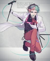 Rule 34 | 1boy, ascot, belt, black belt, black footwear, black shirt, character name, chest harness, clown, collared shirt, copyright name, formal, full body, gloves, green eyes, green hair, green lips, harness, highres, holding, holding microphone stand, iv 4t, jacket, joe rikiichi, kneeling, microphone, microphone stand, multicolored hair, nijisanji, one eye closed, open clothes, open jacket, pants, pink hair, purple hair, red ascot, red pants, shirt, solo, suit, teardrop facial mark, virtual youtuber, white gloves, white suit