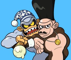 Rule 34 | blue background, bluster kong, cosplay, crossover, donkey kong (series), donkey kong country (cartoon), eddie the mean old yeti, facial hair, food, gorilla, hat, ice cream, ice cream cone, jean pierre polnareff, jean pierre polnareff (cosplay), jojo no kimyou na bouken, medallion, mustache, nintendo, shenanimation, silver chariot, silver chariot (cosplay), simple background