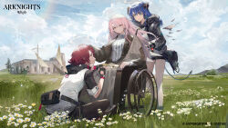 Rule 34 | 3girls, absurdres, arknights, black gloves, black pants, black shorts, blue eyes, blue hair, blue sky, closed mouth, cloud, cloudy sky, day, detached wings, dress, envelope, exusiai (arknights), fingerless gloves, flower, gloves, grass, halo, headpat, highres, hood, hood down, hoodie, horns, huan shi tian tong, jacket, lemuen (arknights), long hair, long sleeves, looking at another, map, medium hair, mostima (arknights), multiple girls, official art, outdoors, pants, pink eyes, pink hair, rainbow, red hair, second-party source, short sleeves, shorts, sitting, sky, smile, squatting, wax stamp, wheelchair, white flower, wings, yellow eyes