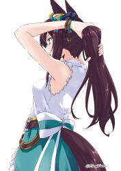 Rule 34 | 1girl, animal ears, arms up, blush, bow, breasts, brown hair, clothing cutout, green skirt, hair tie, hair tie in mouth, horse ears, horse girl, horse tail, mejiro dober (umamusume), mikage takashi, mouth hold, purple eyes, shirt, simple background, skirt, sleeveless, sleeveless shirt, small breasts, solo, tail, tail through clothes, twitter username, tying hair, umamusume, upper body, white background, white shirt, wristband
