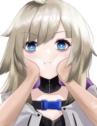 Rule 34 | 1girl, aa-12 (girls&#039; frontline), absurdres, blonde hair, blue eyes, blush, bruise, bruised eye, buckle, closed mouth, codename696, girls&#039; frontline, highres, injury, jacket, long hair, looking at viewer, open clothes, open jacket, simple background, snap-fit buckle, solo focus, white background, white jacket