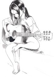 Rule 34 | 1girl, barefoot, black hair, frown, guitar, highres, hiro (dismaless), holding, holding guitar, holding instrument, instrument, medium hair, monochrome, original, parted bangs, playing guitar, shirt, shorts, sitting, t-shirt, twintails