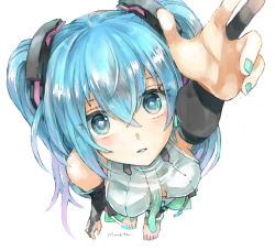 Rule 34 | 1girl, aqua eyes, aqua hair, aqua nails, artist name, bare shoulders, barefoot, breasts, bridal gauntlets, commentary request, eyes visible through hair, foreshortening, from above, full body, graphite (medium), hair between eyes, hair ornament, hatsune miku, hatsune miku (append), long hair, looking at viewer, mare (pixiv), medium breasts, nail polish, necktie, outstretched arm, parted lips, solo, standing, traditional media, twintails, vocaloid, vocaloid append, white hair