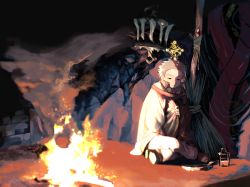 Rule 34 | 1boy, aynoh, blonde hair, bottle, braid, broom, cage, campfire, closed mouth, fire, floating, frying pan, gem, grey hair, hair slicked back, half-closed eyes, highres, jewelry, liquid, male focus, multicolored hair, necklace, night, pixiv fantasia, pixiv fantasia age of starlight, potion, red eyes, sitting, sleeping