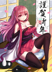 Rule 34 | 1girl, bare shoulders, black thighhighs, blush, breasts, brush, cup, emily (ririko), emily (zhuoyandesailaer), fusuma, japanese clothes, large breasts, leg lift, long hair, looking at viewer, new year, original, panties, parted lips, petals, pillow, pink hair, red eyes, ririko (zhuoyandesailaer), sakazuki, sitting, sliding doors, solo, thighhighs, underwear
