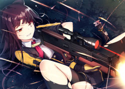 Rule 34 | 1girl, black gloves, black pantyhose, black skirt, bleeding, blood, blood on face, bullet, bullpup, buttons, clenched teeth, collared shirt, commentary request, firing, furrowed brow, girls&#039; frontline, gloves, grass, gun, holding, holding gun, holding weapon, injury, jacket, knee up, long hair, long sleeves, looking away, lying, miniskirt, motion blur, muzzle flash, necktie, night, on back, one eye closed, one side up, open clothes, open jacket, pantyhose, parted lips, projectile trail, purple hair, red eyes, red necktie, revision, rifle, scope, shirt, skirt, sniper rifle, solo, teeth, torn clothes, torn jacket, torn pantyhose, tracer ammunition, projectile trail, underbust, v-shaped eyebrows, wa2000 (girls&#039; frontline), walther, walther wa 2000, weapon, white shirt, yan (nicknikg)