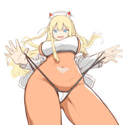 Rule 34 | 1girl, :d, bikini, bikini bottom only, bikini over clothes, blonde hair, blue eyes, bodysuit, braid, breasts, covered navel, crop top, from below, gluteal fold, goddess of victory: nikke, hair between eyes, headgear, highres, hushhush, jacket, large breasts, long hair, looking at viewer, off-shoulder jacket, off shoulder, open mouth, orange bodysuit, partially unzipped, sidelocks, simple background, sketch, skin tight, smile, solo, swimsuit, tove (nikke), white background, white jacket