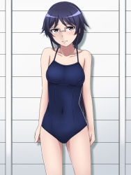 Rule 34 | 1girl, bad id, bad pixiv id, black hair, covered navel, embarrassed, glasses, long hair, muroto aki, nontamachan, one-piece swimsuit, photokano, purple eyes, school swimsuit, swimsuit, twintails