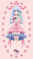 Rule 34 | 1girl, absurdres, animal, animal on shoulder, argyle, argyle clothes, argyle skirt, arms at sides, blue hair, blue ribbon, blunt bangs, braid, choker, commentary request, detached sleeves, dress, elbow gloves, fishnet thighhighs, fishnets, floral background, flower, footwear ribbon, french braid, frilled skirt, frilled thighhighs, frills, frog, full body, gloves, hair ornament, halter dress, halterneck, highres, hoop skirt, hoshiibara mato, indie virtual youtuber, light blush, long hair, looking at viewer, opal (gemstone), over-kneehighs, petticoat, pink background, pink choker, pink dress, pink footwear, puffy short sleeves, puffy sleeves, red eyes, red flower, red rose, ribbon, rose, shoe flower, short sleeves, skirt, smile, solo, tachi-e, thighhighs, tiara, tsukishiro ririna, very long hair, white gloves, white thighhighs