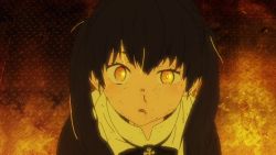 Rule 34 | 1girl, animated, anime screenshot, black hair, blood, breasts, cleavage, crying, crying with eyes open, en&#039;en no shouboutai, injury, long hair, looking at viewer, sad, solo, tamaki kotatsu, tears, trembling, twintails, upper body, video, yellow eyes