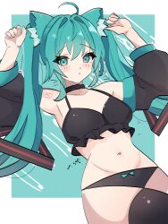 Rule 34 | 1girl, absurdres, ahoge, alternate costume, animal ear fluff, animal ears, aqua background, aqua eyes, aqua hair, arm tattoo, armpits, arms up, bare shoulders, black bra, black choker, black panties, black sleeves, black thighhighs, blue bow, blush, border, bow, bow panties, bra, breasts, cat ears, cat girl, choker, closed mouth, coco irasuto, collarbone, commentary request, detached sleeves, eyelashes, hair ornament, hatsune miku, highres, long hair, long sleeves, looking at viewer, midriff, navel, number tattoo, outside border, panties, paw pose, small breasts, solo, stomach, tattoo, thighhighs, transparent border, twintails, underwear, very long hair, vocaloid