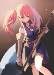 Rule 34 | 1girl, axe, bare legs, belt, blue dress, blue eyes, brown background, closed mouth, dress, elbow gloves, expressionless, feet out of frame, gloves, grey gloves, highres, holding, holding axe, holding weapon, long hair, looking at viewer, pink hair, presea combatir, sanukiske, sidelocks, solo, tales of (series), tales of symphonia, twintails, weapon