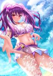 Rule 34 | 1girl, bare legs, bare shoulders, beach, bikini, blush, breasts, fate/grand order, fate (series), flower, hair flower, hair ornament, highres, large breasts, looking at viewer, miniskirt, navel, pennosuke, purple bikini, purple hair, red eyes, scathach (fate), scathach skadi (fate), scathach skadi (swimsuit ruler) (fate), skirt, smile, solo, splashing, stomach, swimsuit, thighs, twintails, water