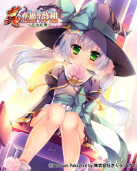 Rule 34 | (#)w(#), 1girl, blue hair, chair, copyright name, cropped jacket, desk, dress, green eyes, hat, highres, houtou, jacket, koihime musou, long hair, official art, on desk, sitting, on desk, smile, socks, solo, twintails, white dress, witch hat