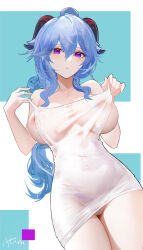 Rule 34 | 1girl, ahoge, aqua background, areola slip, bare shoulders, blue hair, breasts, camisole, closed mouth, cowboy shot, ganyu (genshin impact), genshin impact, goat horns, hair between eyes, hands up, holding, horns, inverted nipples, large breasts, long hair, looking at viewer, nipples, omone hokoma agm, panties, purple eyes, see-through, sidelocks, signature, simple background, solo, strap slip, thighs, two-tone background, underwear, underwear only, white background, white camisole, white panties