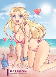Rule 34 | 1girl, absurdres, all fours, beach, bikini, blonde hair, blue eyes, breasts, cleavage, elf, grin, heart, highres, large breasts, legs, lipstick, long hair, looking at viewer, makeup, nauth, navel, nintendo, ocean, open mouth, pink bikini, pink lips, pointy ears, princess, princess zelda, sand, sand castle, sand sculpture, shiny skin, smile, solo, spoken heart, swimsuit, the legend of zelda, the legend of zelda: a link between worlds, thighs, water