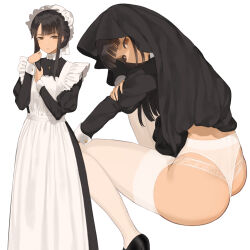 Rule 34 | 1girl, apron, ass, black dress, black hair, blunt bangs, closed mouth, clothes lift, dress, dress lift, feet out of frame, garter belt, highres, juliet sleeves, long hair, long sleeves, looking at viewer, maid, mirna (throtem), multiple views, original, panties, puffy sleeves, short hair with long locks, sidelocks, simple background, standing, thighhighs, throtem, underwear, white apron, white background, white panties, white thighhighs