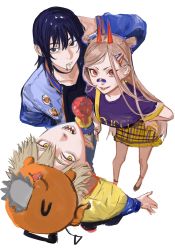 Rule 34 | + +, 1girl, 2boys, alternate costume, animal, animal on head, bandaid, bandaid on face, bandaid on nose, black hair, black shirt, blonde hair, blue eyes, blue hair, blue jacket, blue pants, breasts, chainsaw man, cigarette, closed mouth, commentary, cross-shaped pupils, demon horns, denji (chainsaw man), expressionless, eyelashes, food, from above, full body, grin, hair between eyes, hair ornament, hairclip, hand on own hip, hand on own head, hayakawa aki, highres, holding, holding food, horns, ice cream, ice cream cone, jacket, kamo (kamonegioisi), letterman jacket, long hair, looking at viewer, looking up, medium breasts, miniskirt, mouth hold, multiple boys, nail polish, on head, open clothes, open jacket, open mouth, pants, parted bangs, parted lips, plaid, plaid skirt, pochita (chainsaw man), power (chainsaw man), purple shirt, red eyes, sharp teeth, shirt, short hair, short sleeves, simple background, skirt, smile, spiked hair, symbol-shaped pupils, teeth, v-shaped eyebrows, white background, yellow eyes, yellow nails, yellow shirt, yellow skirt