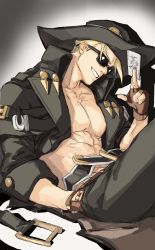 Rule 34 | 1boy, amatuki, black coat, blonde hair, brown gloves, card, closed mouth, coat, collarbone, fingerless gloves, fingernails, glasses, gloves, grey background, guilty gear, guilty gear xrd, hand in pocket, highres, johnny (guilty gear), male focus, muscular, muscular male, open clothes, open coat, pectoral cleavage, pectorals, simple background, sitting, smile, solo, sunglasses, topless male