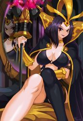 Rule 34 | 1girl, black hair, black thighhighs, breasts, choker, cleavage, crossed legs, eyeshadow, forehead jewel, high collar, large breasts, league of legends, leblanc (league of legends), makeup, mirror, neo-tk.., popped collar, red eyes, short hair, single thighhigh, sitting, smile, solo, staff, thighhighs, tiara, vambraces