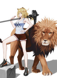 Rule 34 | 1girl, absurdres, animal, animal ears, arknights, bad id, bad pixiv id, bare arms, bare legs, bare shoulders, black footwear, black nails, blonde hair, breasts, candy, collarbone, commentary request, food, fur-trimmed shorts, fur trim, hammer, hand on own hip, hand up, highres, holding, holding food, lion, lion ears, lollipop, long hair, looking at viewer, medium breasts, n2o cat, nail polish, over shoulder, red shorts, shadow, shoes, short shorts, shorts, siege (arknights), simple background, standing, tank top, thighs, weapon, weapon over shoulder, white background, white tank top, yellow eyes