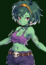 Rule 34 | 1girl, armpits, artist name, bare arms, bare shoulders, belt, black choker, breasts, brown belt, choker, cleavage, closed mouth, collarbone, colored skin, commentary, cowboy shot, earrings, english commentary, english text, eyelashes, green background, green hair, green skin, groin, hairband, highres, jewelry, looking to the side, medium breasts, miss faves, monster girl, navel, outstretched arms, purple tank top, red eyes, rottytops, shantae (series), short hair, shorts, signature, simple background, skull, skull belt, skull earrings, smile, solo, standing, stitched arm, stitches, tank top, torn clothes, torn shorts, undead, yellow hairband, zombie