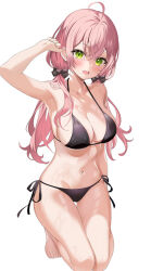 Rule 34 | 1girl, arm up, armpits, bare shoulders, barefoot, bikini, blush, breasts, collarbone, commentary, crossed bangs, green eyes, hair between eyes, hololive, large breasts, long hair, looking at viewer, low twintails, motsunuki, navel, open mouth, pink hair, sakura miko, side-tie bikini bottom, simple background, smile, solo, swimsuit, thigh gap, thighs, twintails, underboob, virtual youtuber, white background