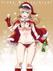 Rule 34 | 10s, 1girl, :d, alcohol, alternate costume, anchor hair ornament, bikini, blonde hair, blue eyes, blush, boots, bottle, breasts, cape, champagne, champagne bottle, christmas, cleavage, cross, fur-trimmed bikini, fur-trimmed boots, fur-trimmed gloves, fur trim, german text, germany, gloves, gluteal fold, grey hat, groin, hair ornament, hat, holding, holding bottle, iron cross, kantai collection, knee boots, looking at viewer, low twintails, micro bikini, navel, open mouth, peaked cap, pom pom (clothes), prinz eugen (kancolle), red cape, red footwear, red gloves, red hat, sameha ikuya, santa costume, santa hat, shiny skin, side-tie bikini bottom, smile, solo, stomach, swimsuit, tareme, translated, twintails