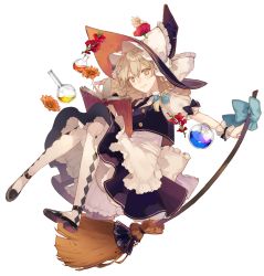 Rule 34 | 1girl, apron, black bow, black necktie, blonde hair, blue bow, book, bow, braid, broom, broom riding, brown footwear, buttons, diamond (shape), flask, floating, floating hair, flower, frilled apron, frilled bow, frills, hair between eyes, hair bow, hat, hat bow, holding, holding broom, kirisame marisa, long hair, looking at viewer, necktie, orange ribbon, pantyhose, petticoat, pig ggul, puffy short sleeves, puffy sleeves, ribbon, round-bottom flask, sash, short sleeves, side braid, simple background, single braid, smile, solo, touhou, waist apron, white background, white bow, witch hat, wrist cuffs, yellow eyes