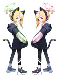 Rule 34 | 2girls, animal ear headphones, animal ears, black footwear, black jacket, black pantyhose, blonde hair, blue archive, blush, bow, cat tail, clothes writing, fake animal ears, full body, green bow, green eyes, green halo, hair bow, halo, headphones, highres, honi (honi1010), hood, hooded jacket, jacket, long sleeves, midori (blue archive), momoi (blue archive), multiple girls, open mouth, pantyhose, pink halo, red bow, red eyes, shoes, short hair, siblings, simple background, sisters, smile, tail, twins, white background