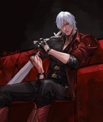 Rule 34 | 1boy, absurdres, belt, black background, black gloves, black pants, black shirt, blood, blood on arm, blue eyes, boots, canghai, couch, dante (devil may cry), devil may cry, devil may cry (series), devil may cry 4, feet out of frame, fingerless gloves, gloves, hair over one eye, highres, indoors, injury, jacket, jacket partially removed, looking at viewer, male focus, mature male, multiple belts, muscular, muscular male, on couch, one eye covered, pants, red footwear, red jacket, shirt, short hair, sitting, sleeves rolled up, solo, sword, torn sleeve, twitter username, weapon, white hair