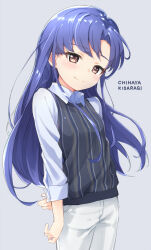Rule 34 | 1girl, arm behind back, blue hair, blush, breasts, brown eyes, character name, closed mouth, collared shirt, commentary request, cowboy shot, curtained hair, grey background, head tilt, idolmaster, idolmaster million live!, idolmaster million live! theater days, kisaragi chihaya, kuresuku (lessons), long hair, looking at viewer, pants, parted bangs, shirt, sideways glance, simple background, sleeves past elbows, sleeves rolled up, small breasts, smile, solo, striped clothes, striped vest, sweater vest, thick eyelashes, three quarter view, vertical-striped clothes, vertical-striped vest, vest, white pants, white shirt