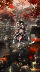 Rule 34 | 1girl, absurdres, architecture, black hair, crop top, east asian architecture, gawako, hat, highres, hime cut, leaf, long hair, maple leaf, multiple swords, navel, neck ribbon, original, outdoors, red eyes, ribbon, rock, solo, statue, straw hat, sword, torii, translation request, weapon