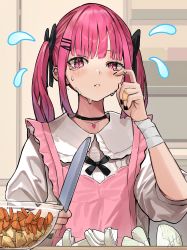 Rule 34 | absurdres, apron, bandaged wrist, bandages, bandaid, bandaid on hand, black choker, black nails, blouse, blush, bow, bowl, choker, chopping, closed mouth, commentary request, cooking, cutting board, frown, hair bow, hair ornament, hairclip, highres, hinamizawa hinami (tetto), holding, holding knife, jewelry, jirai kei, kitchen, kitchen knife, knife, nail polish, necklace, onion, original, pink apron, pink eyes, pink hair, shirt, slit pupils, tearing up, tears, tetto (onnoveltet), twintails, white shirt, wiping tears