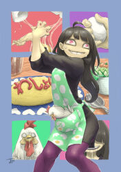 Rule 34 | 1girl, ahoge, animal, animal in clothes, apron, arched back, arms up, bags under eyes, bird, black shirt, chicken, chiyo maru, commentary request, cooking, cracking egg, drooling, egg print, faceless, faceless female, feet out of frame, floating hair, food, food writing, furrowed brow, green apron, grin, highres, ketchup, long hair, long sleeves, multiple views, nervous sweating, omelet, omurice, original, own hands together, pants, pink eyes, print apron, purple pants, salad, shirt, signature, smile, spoon, standing, sweat, wide-eyed
