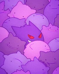 Rule 34 | colored sclera, creatures (company), crowded, ditto, downscaled, game freak, gen 1 pokemon, gengar, grin, looking at viewer, lowres, nintendo, no humans, paid reward available, pokemon, pokemon (creature), purple eyes, purple fur, purple theme, red sclera, resized, rii abrego, smile, solid circle eyes, transformed ditto