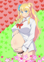 Rule 34 | 1girl, blonde hair, blue eyes, blush, breasts, dashigara 100, galko, hair ornament, hair ribbon, heart, heart background, highres, large breasts, looking at viewer, navel, open clothes, open shirt, oshiete! galko-chan, panties, pink panties, pregnant, ribbon, smile, solo, star (symbol), starry background, underwear