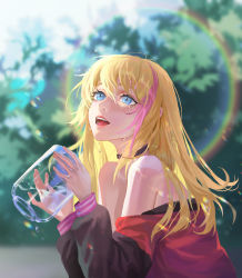 Rule 34 | 1girl, :d, black choker, black sleeves, blonde hair, blue eyes, blurry, blurry background, choker, clothes down, crying, crying with eyes open, day, hair between eyes, highres, holding, kawai rika, kubing aaa, long hair, long sleeves, multicolored hair, open mouth, outdoors, pink hair, red sweater, smile, solo, straight hair, streaked hair, sweater, tears, two-tone hair, upper body, wonder egg priority