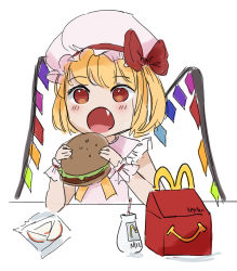 Rule 34 | 1girl, :o, apple, artist name, blonde hair, bottle, burger, commentary, crystal, eating, english commentary, fang, flandre scarlet, food, frilled sleeves, frills, fruit, happy meal, hat, hat ribbon, holding, holding food, keyutea, mcdonald&#039;s, milk, milk bottle, mob cap, open mouth, red eyes, red ribbon, ribbon, shirt, short hair, short sleeves, simple background, solo, touhou, twitter username, upper body, white background, white hat, white shirt, wings, wrist cuffs