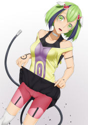 Rule 34 | 1059, 10s, 1girl, android, arm strap, bare arms, bike shorts, black hair, blush, boots, cable, cable tail, clothes lift, dimension w, dress, dress lift, green eyes, green hair, headgear, highres, layered dress, matching hair/eyes, mechanical tail, multicolored hair, open mouth, short hair, skirt, skirt lift, sleeveless, sleeveless dress, solo, strap slip, streaked hair, tail, thigh boots, thighhighs, two-tone hair, white footwear, white thighhighs, yurizaki mira