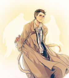 Rule 34 | 1boy, angel wings, animification, bad id, bad pixiv id, blue eyes, blush, bouquet, brown hair, castiel, coat, facial hair, flower, holding, holding behind back, looking at viewer, male focus, mikann0206, necktie, smile, solo, stubble, supernatural (tv series), trench coat, wings