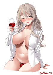 Rule 34 | 1girl, alcohol, blush, breasts, brown eyes, collarbone, collared shirt, cropped legs, cup, dress shirt, drinking glass, ebifurya, grey hair, hair between eyes, highres, holding, holding cup, kantai collection, large breasts, long hair, long sleeves, looking at viewer, midriff, naked shirt, navel, one-hour drawing challenge, one eye closed, open clothes, open shirt, pola (kancolle), shirt, simple background, smile, solo, teeth, thighs, twitter username, upper teeth only, wakamezake, white background, wine, wine glass
