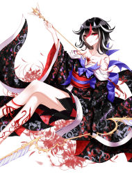 Rule 34 | 1girl, alternate costume, arm support, arrow (projectile), arrow in body, bad id, bad pixiv id, bare shoulders, black hair, black nails, blood, bow (weapon), collarbone, crossed legs, flower, from side, grey horns, highres, horns, impaled, japanese clothes, kijin seija, kimono, leg ribbon, long sleeves, looking at viewer, looking to the side, multicolored hair, nail polish, obi, off shoulder, parted lips, red eyes, red hair, red ribbon, ribbon, sash, sheya, sitting, smile, solo, spider lily, stab, streaked hair, tattoo, touhou, weapon, white hair, wide sleeves