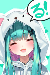 Rule 34 | 1girl, :d, absurdres, animal hood, bear hood, blush, closed eyes, colored inner hair, commentary request, earrings, facing viewer, fang, green background, green hair, hair ornament, heart, heart earrings, highres, hololive, hood, hood up, hooded jacket, jacket, jewelry, kimae, long hair, multicolored hair, open mouth, pink hair, simple background, skin fang, smile, solo, speech bubble, uruha rushia, uruha rushia (school uniform), virtual youtuber, white jacket