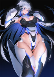 Rule 34 | 1girl, armpits, blue eyes, blue hair, breasts, cameltoe, dualsense, game console, gloves, gluteal fold, groin, highres, large breasts, lipstick, long hair, looking at viewer, makeup, mhk (mechamania), multicolored hair, original, parted lips, playstation 5, playstation controller, silver hair, smile, solo, sony, thigh gap, thighs, two-tone hair