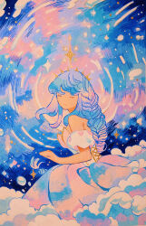 Rule 34 | 1girl, absurdres, bare shoulders, blue hair, braid, braided ponytail, closed eyes, cloud, dress, highres, long hair, meyoco, multicolored hair, no nose, off-shoulder dress, off shoulder, original, puffy short sleeves, puffy sleeves, purple hair, short sleeves, solo, traditional media, very long hair