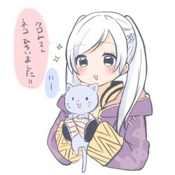 Rule 34 | 1girl, animal, cat, fire emblem, fire emblem awakening, highres, holding, holding animal, holding cat, hood, hood down, long sleeves, nintendo, open mouth, puni y y, robin (female) (fire emblem), robin (fire emblem), simple background, twintails, upper body, white background, white hair