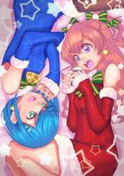Rule 34 | 2girls, :d, aqua eyes, bell, black pantyhose, blue dress, blue eyes, blue gloves, blue hair, blue santa costume, bow, brown hair, delicious party precure, dress, earrings, elbow gloves, food, from above, fur-trimmed dress, fur-trimmed gloves, fur trim, fuwa kokone, gloves, green bow, hair bow, hair ornament, hairclip, half gloves, highres, holding, holding food, jewelry, jj (ssspulse), long hair, looking at another, lying, multiple girls, nagomi yui, neck bell, on side, onigiri, open mouth, pantyhose, precure, purple eyes, red gloves, ribbed dress, saliva, santa costume, santa dress, short dress, short hair, sleeveless, sleeveless dress, smile, star (symbol), star earrings, two side up