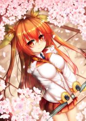 Rule 34 | 1girl, ahoge, between breasts, blush, breasts, cherry blossoms, commentary request, eyes visible through hair, flower, hair between eyes, hair ribbon, highres, long hair, looking at viewer, medium breasts, mehlis (sennen sensou aigis), minaha (playjoe2005), orange hair, petals, pleated skirt, red eyes, ribbon, sennen sensou aigis, skirt, smile, solo, standing, strap between breasts, two side up